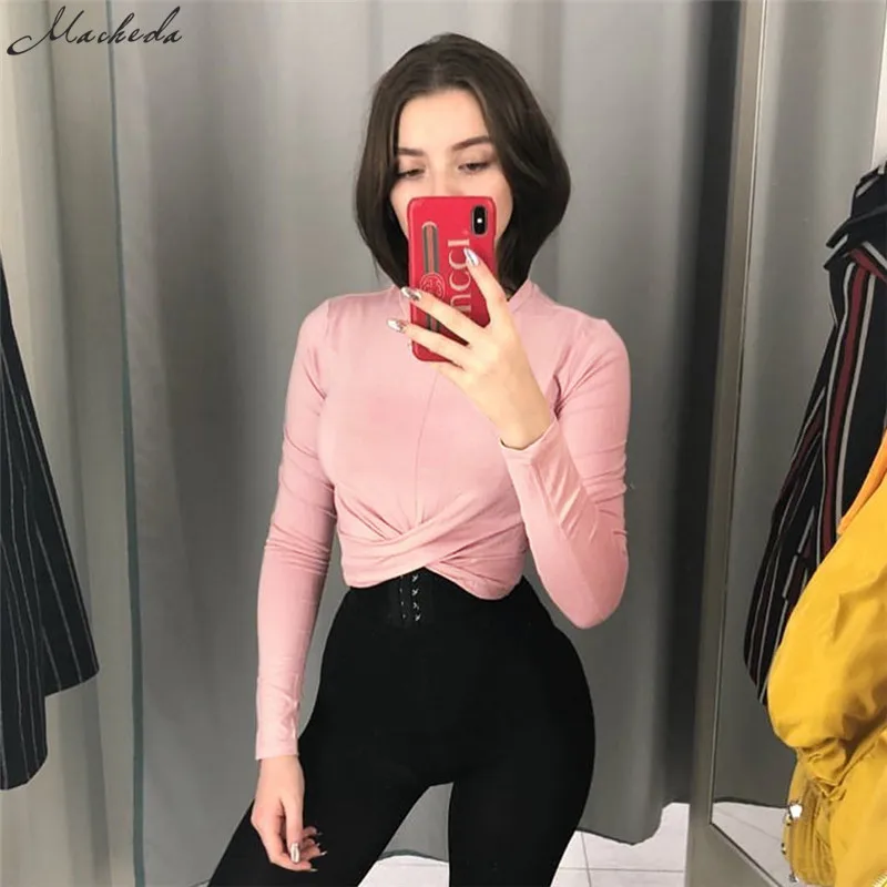 

Macheda Women Sexy O-Neck Tops Skinny Cross Long Sleeve Lady Casual Crop Tops Pink T-shirt Summer Women Corpped Top New