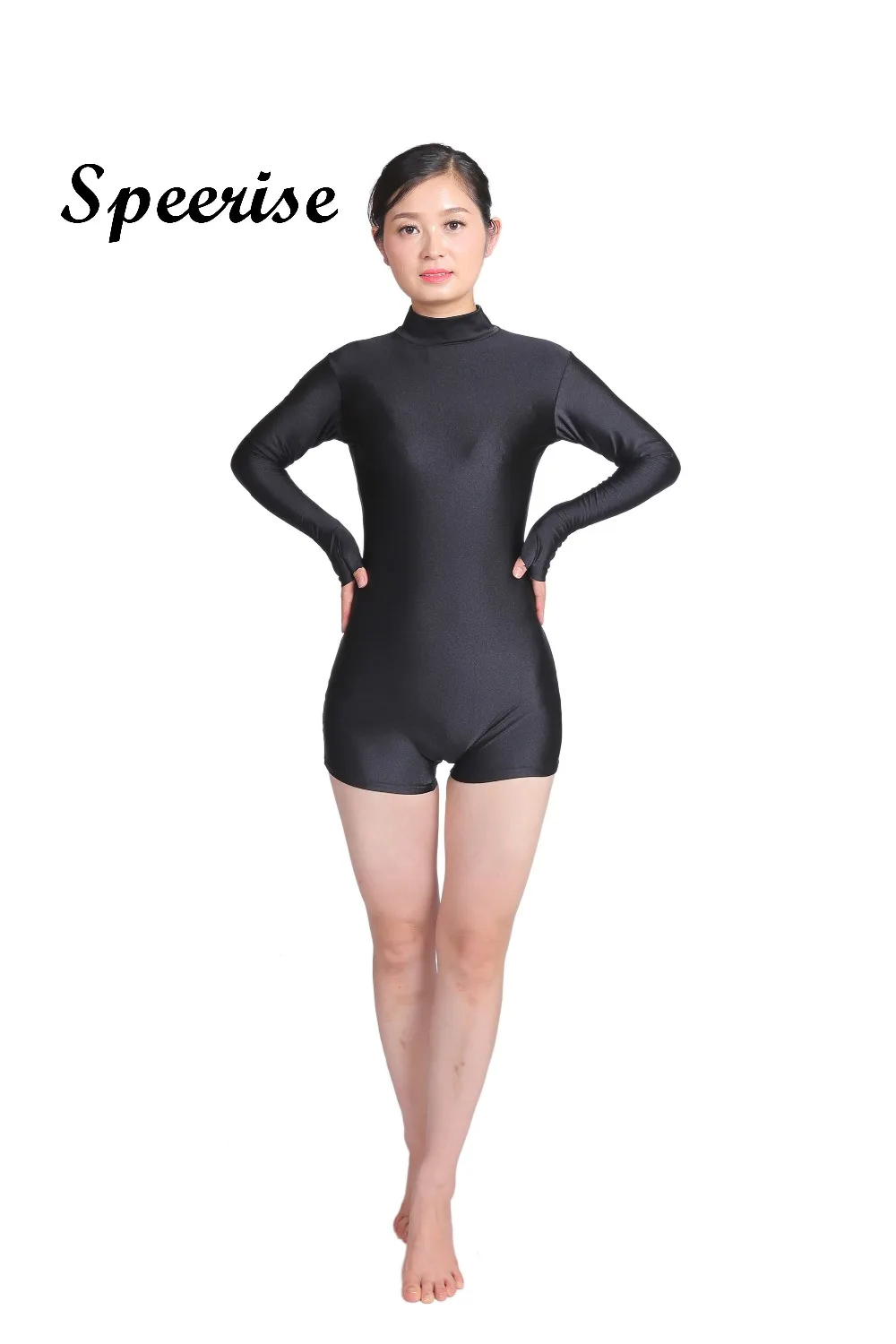 

Speerise Adult Turtleneck Long Sleeve With Thumbhole Unitard Short Zip Gymnastics Dance Biketards Lycra Spandex Ballet Leotard