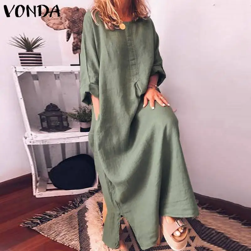 

Bohemian Green Dress 2019 VONDA Summer Fashion Maxi Long Dresses Plus Size Split Hem Solid Color Beach Sundress Femme Vestidos