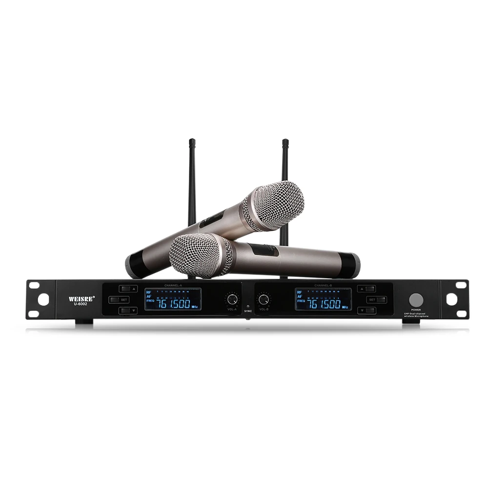 Weisre U-6002 اللاسلكية نظام 2 قنوات uhf ميكروفون الكاريوكي ميكروفون محمول مع شاشة lcd ل مؤتمر لايف عرض المنزل ktv Weisre U-6002 اللاسلكية نظام 2 قنوات uhf ميكروفون الكاريوكي ميكروفون محمول مع شاشة lcd ل مؤتمر لايف عرض المنزل ktv