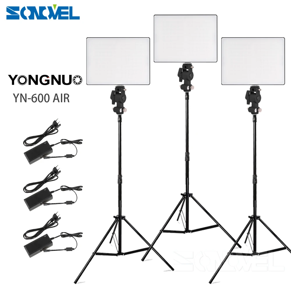 3x Yongnuo YN600 Air ультратонкий Светодиодный Видео светильник ing Kit Bi-color 3200-5500K+ светильник стенд и стрела+ адаптер питания