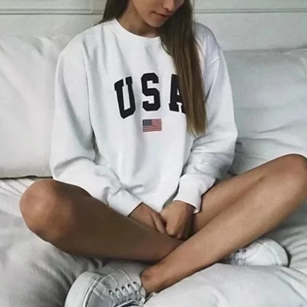 

2019 Fashion Women Long Sleeve Hoodies Loose Sweatshirt USA Letter Printed Pullovers Top Casual White Hoodie Friends Streetwear