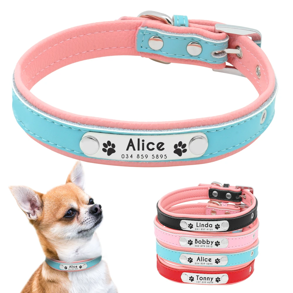 personalizado de cuero para perro, accesorio para perros pequeños y medianos, color azul, rosa, negro y rojo|Collares| - AliExpress