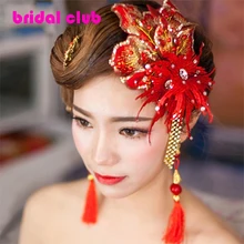 Elegance Chinese Vintage Headdress Red Tassel Rhinestone Crystal Lace Flower cheongsam Bridal Hairpins Hair Accessories
