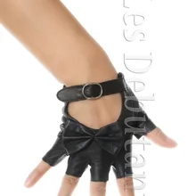 Женские черные кожаные перчатки без пальцев с бантом