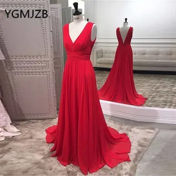

Elegant Red Evening Dresses Long 2019 A-Line Deep V-Neck Cap Sleeve Backless Chiffon African Women Formal Prom Gown Party Dress