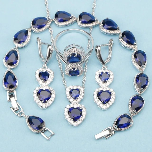Beautiful Royal Blue Cubic Zirconia 925 Sterling Silver Wedding Jewelry Sets For Women Earrings