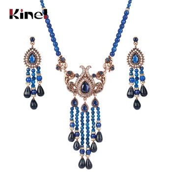 

Kinel Blue Natural Stone Necklace And Earrings For Women Antique Gold Crystal Ethnic Vintage Wedding Jewelry Sets