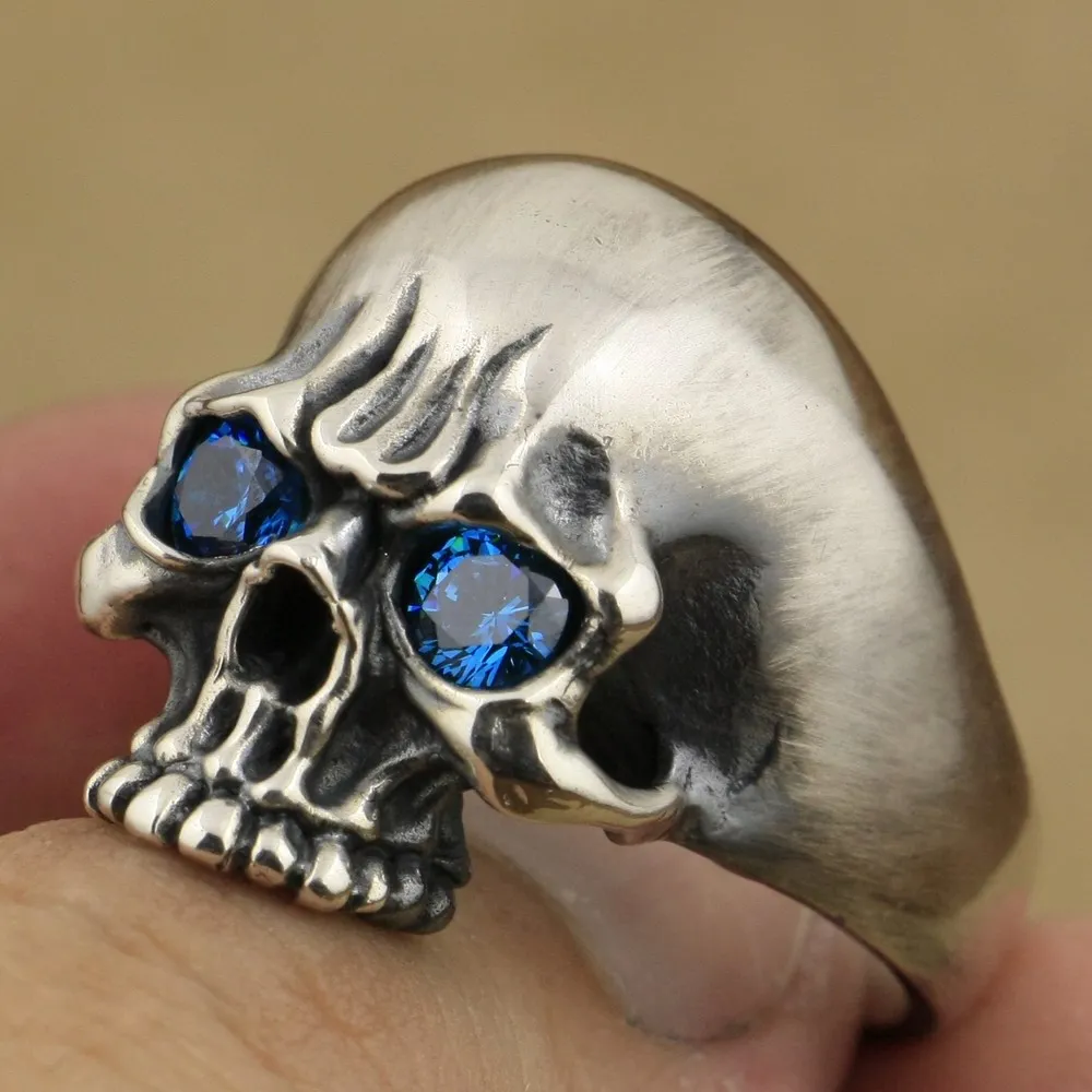 

Handmade 925 Sterling Silver Blue CZ Eyes Mens Biker Skull Ring TA61A US 7~15