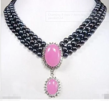 

~$wholesale_jewelry_wig$ Charming 3 rows 7-8mm black pearl necklace pink jade pendant AA