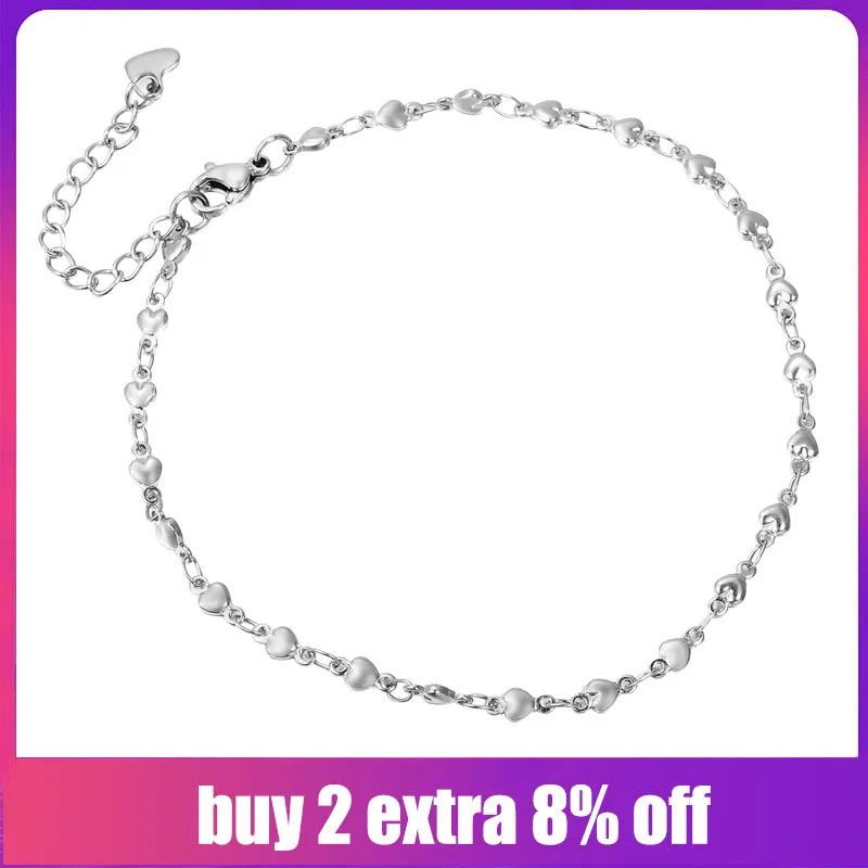 

FUNIQUE Women Stainless Steel Chain Bracelets Anklets Silver Tone Heart Round Ladies Bracelet Party Couple Jewelry Gifts 24cm