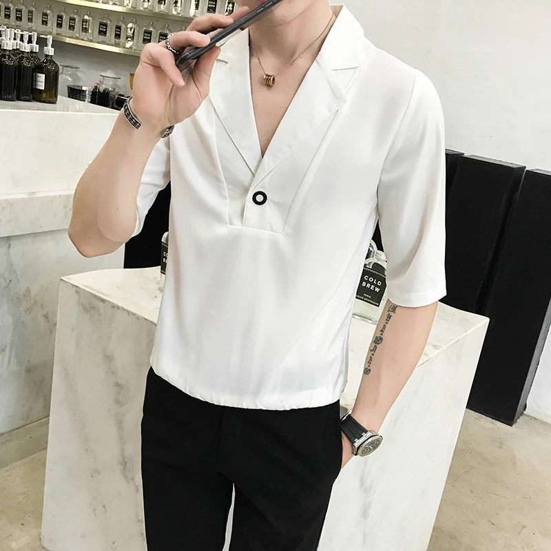 Модный костюм воротник мужские платья рубашки Slim Fit Половина рукава рубашка мужская рубашка Camisa Masculina летняя одежда высокого качества