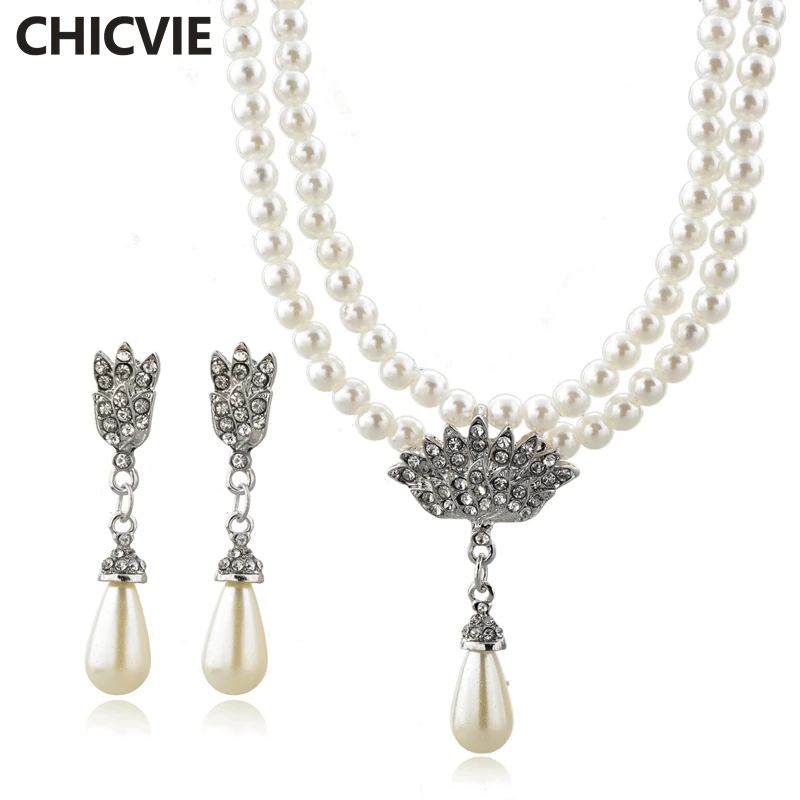 

CHICVIE Classic White Imitation Pearl Necklaces Earrings Sets For Women Necklace Earrings Wedding Crystal Jewelry Set SET190010