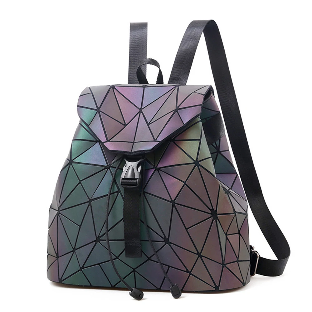 

Luminous Backpack Women Leather Geometric Backpacks Diamond Lattice Drawstring Backpacks Holographic Backpack Purse 2018 New