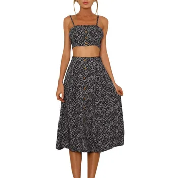 

Women Dress Summer Sleeveless Sexy Printed Dot Chiffon lace-up Tank Two-Piece Sling Long Sets Fashion