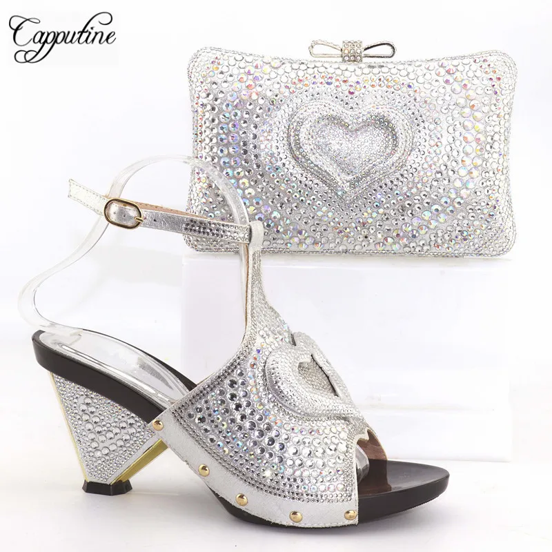 Capputine Nigeria Summer Woman font b Shoes b font And Bag Set Italian Style Middle Heels