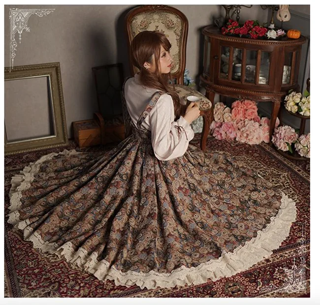 

Japanese Womens Retro Long Maxi Chic Style Skirt Spring Autumn Lace Patchwork Pleated Mori Girl Skirt Sweet Lolita Novelty Skirt