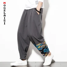 Новинка, весенние шаровары, Мужские штаны с вышивкой, лен, хлопок, эластичная резинка на талии, штаны в китайском стиле, Ретро стиль, одноцветные мужские брюки, A026-A11