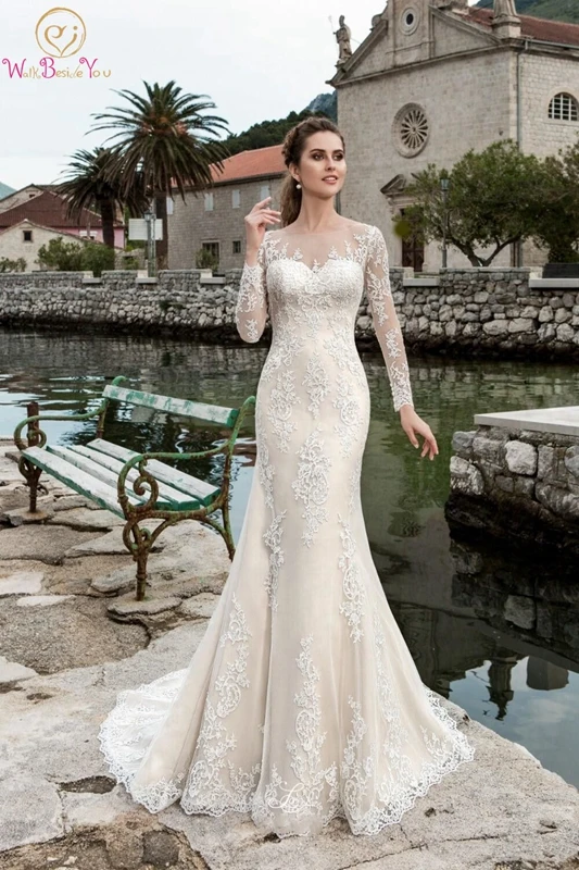 

New Design Wedding Dress Mermaid O-neck Long Sleeves Button Back Sweep Train Lace Appliques Illusion Sleeves Simple Bridal Gown