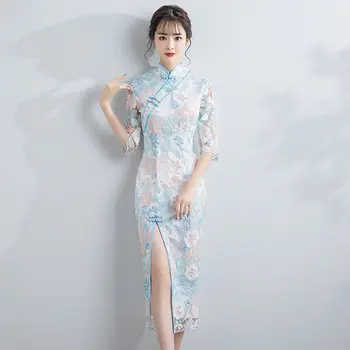 

Long Tight Vintage Button Lady Cheongsam High Split Chinese Style Women Qipao Big Size 3XL Vestidso Blue Evening Party Dress