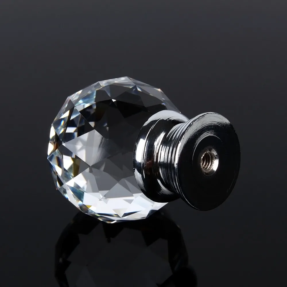 30mm Diamond Shape Clear Crystal Glass Door Knobs Handles Cabinet Drawer Knobs+ Screw Circular Door Wardrobe Cupboard Hardware