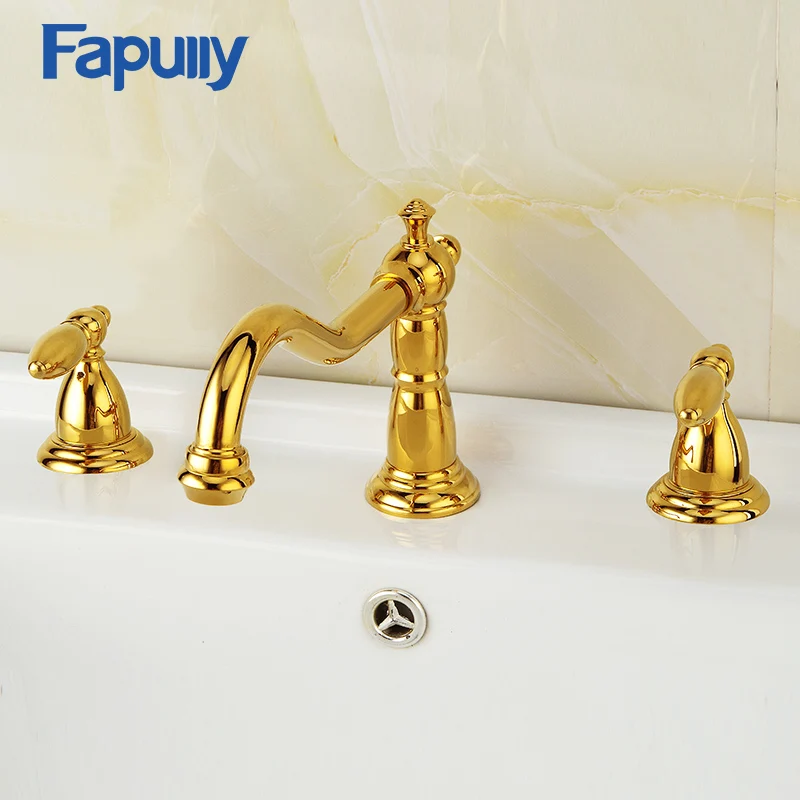 

Fapully Deck Mounted Double Handle Bathroom Basin Faucet Taps Golden Plate 3 Hole Hot And Cold Water Mixer Water Tap 558-44G