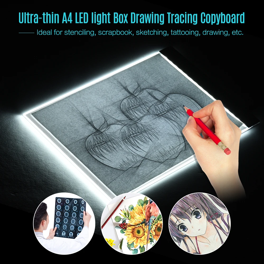 HuaCan A4 LED Light Box Tracer Pad Board Artcraft Tracing Light Box 3 Level Dimmable Portable Ultra-Thin USB Charging for Artists Drawing Sketching Animation Stencilling X-rayViewing