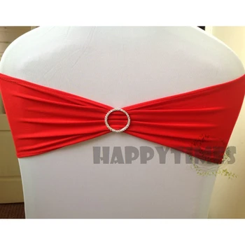 

50 Premium Red Spandex Bands with Round Buckle Stretch Lycra Chair Cover band with Round Crystal Stone Free Shipping