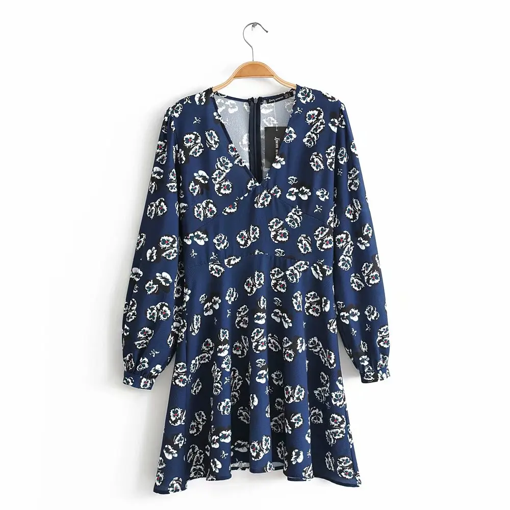

2019 euro women high street v neck floral print casual mini dress female long sleeve vestidos chic brand party dresses DS1916