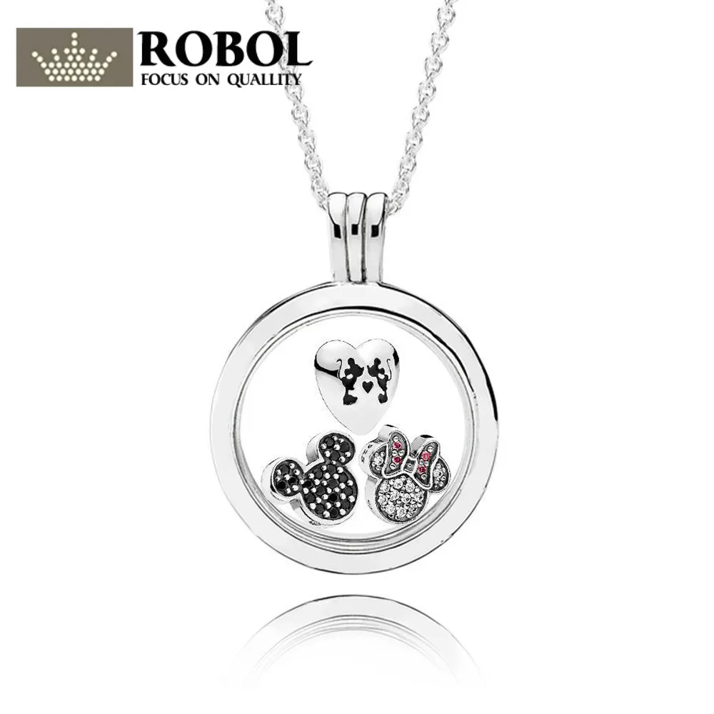

ROBOL 100%925 Sterling Silver Original Sparkling Floating Locket Necklace with Pendant Charm Bead Authentic Fine Jewelry Gift