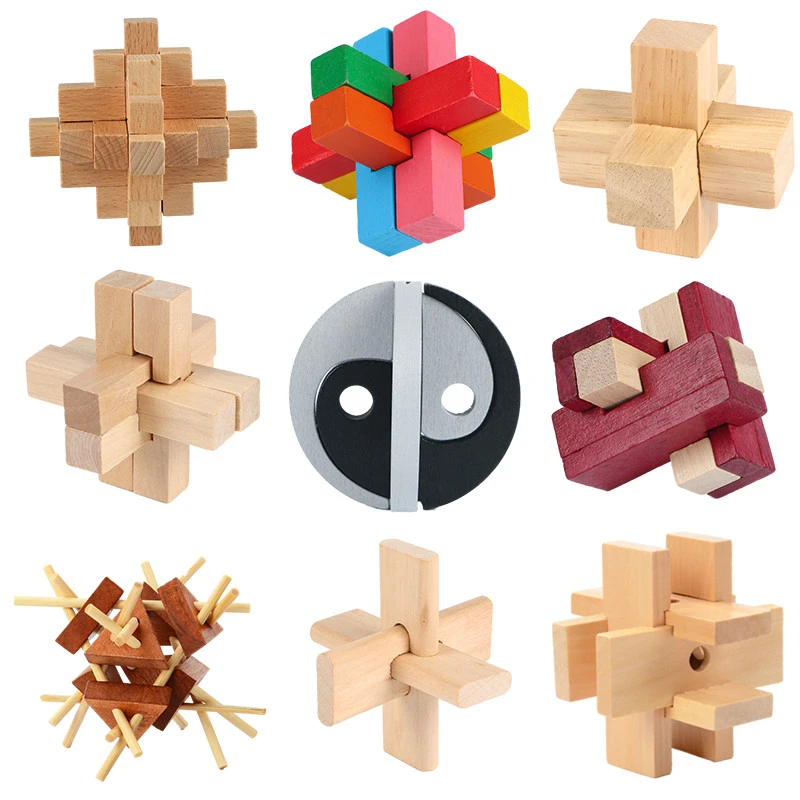 IQ Brain Teaser Kong Ming Lock Wooden Interlocking Burr 3D Puzzles Game Toy LDUK