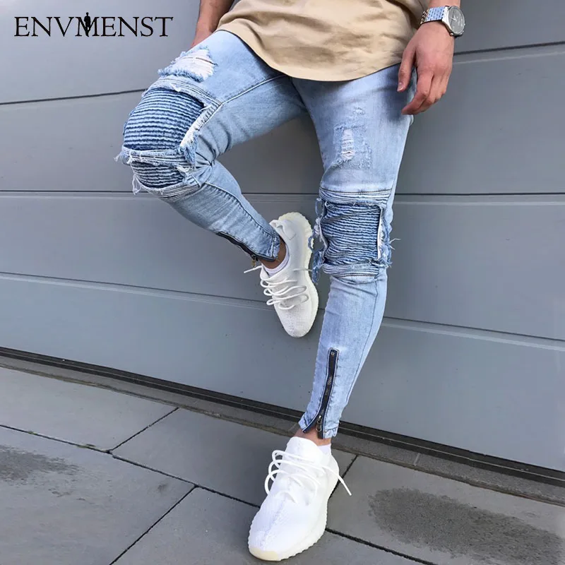 

Envmenst Men's Blue Ripped Jeans Pants With Holes Super Skinny Slim Fit Destroyed Distressed Denim Joggers Trousers For Male