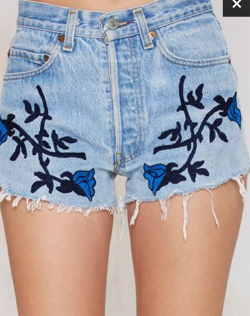 New flower embroidered shorts jeans women Vintage ethnic style Slim ...