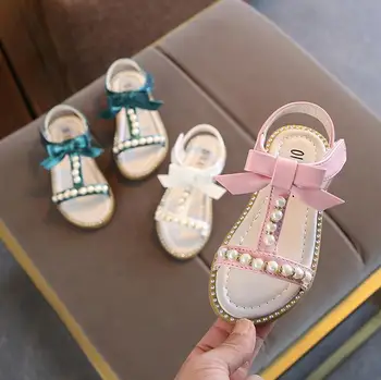 

Children Shoes Girls Sandals Pearl Pink Cut-outs Sandals Flat Open-toe School Shoes Breathable Kids Sandals White Pink