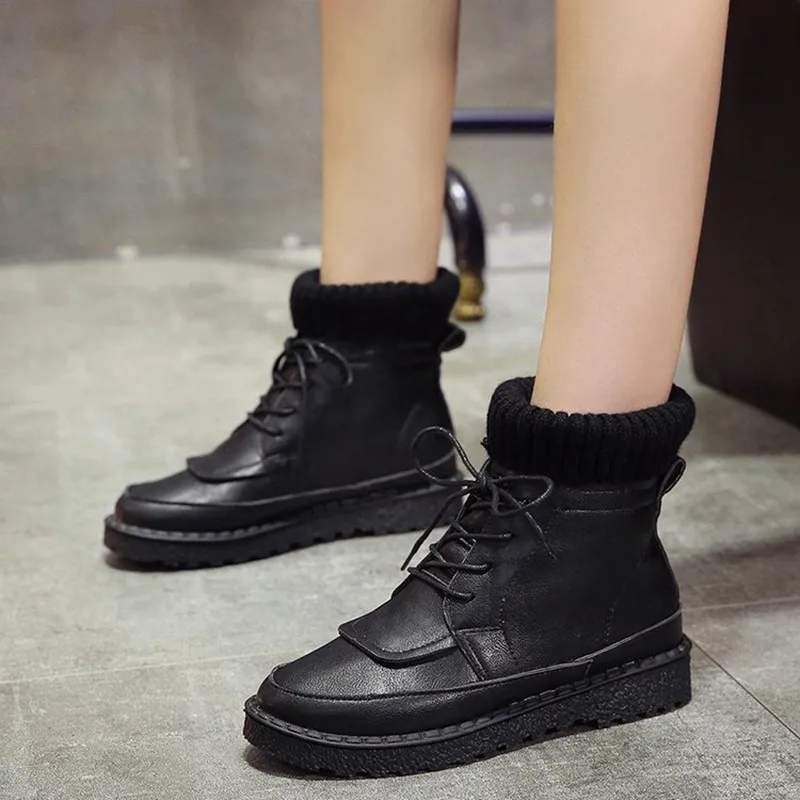 COOTELILI Women Boots Ankle Boots 2018 Winter Shoes Lace-Up Knitted Flat Shoes Rubber Boots Women Leather Shoes 3cm Heel  (13)