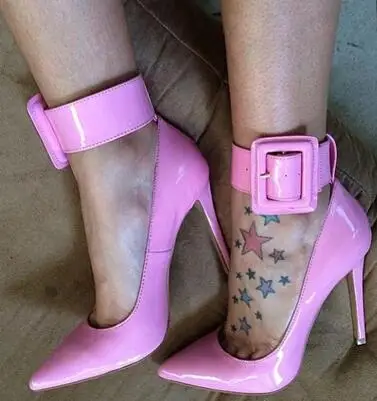 

Hot selling big buckle ankle strap high heel shoes woman sexy pointed toe thin heels pumps 2019 Newest party dress heels