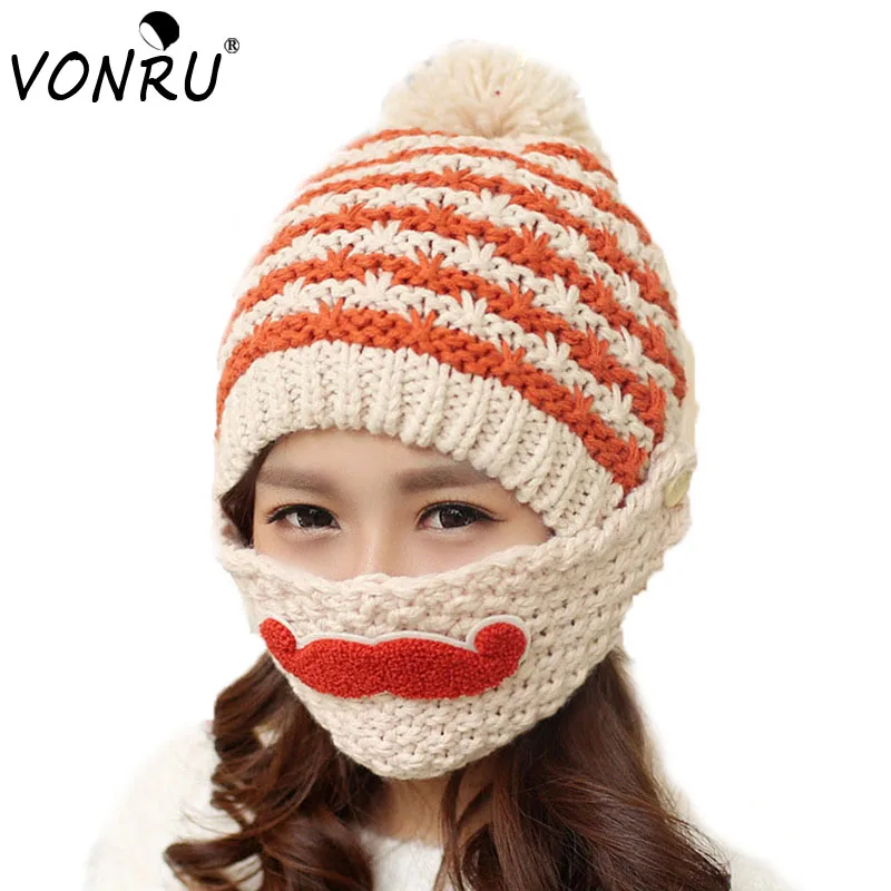 Novelty Winter Striped Knitted Face Mask Hats Beanies Thicken Crochet