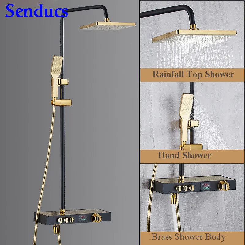 Senducs Interlligent Black Gold Shower Set Rainfall Bathroom Digital High Quality Brass Bathtue Series | Обустройство дома