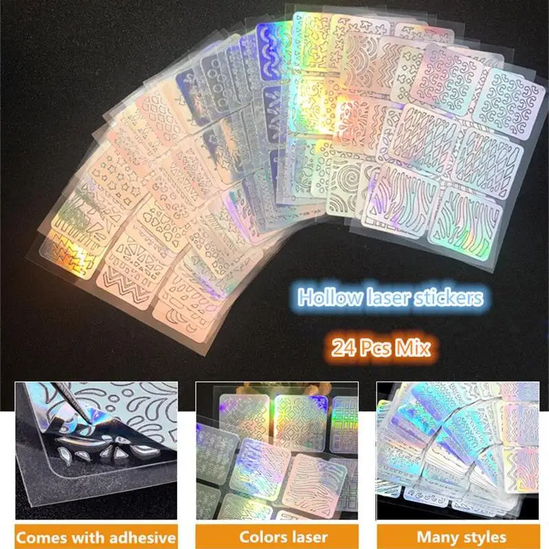 24 листа/Набор DIY дизайн ногтей полый 3D лазерная наклейка трафарет гель лак для