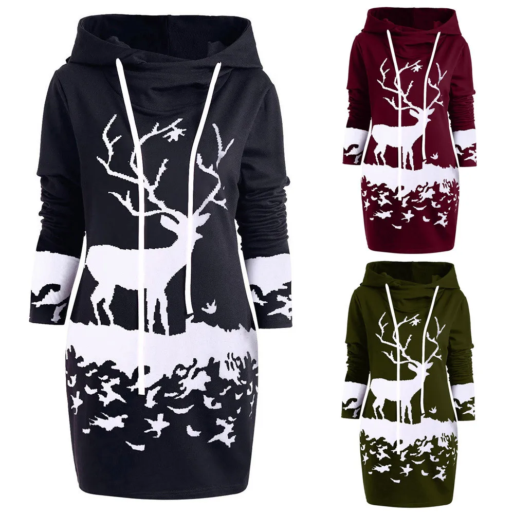 

Women Christmas Monochrome Reindeer Printed Hooded Drawstring Mini Dress beach casual winter dress women's vintage dresses