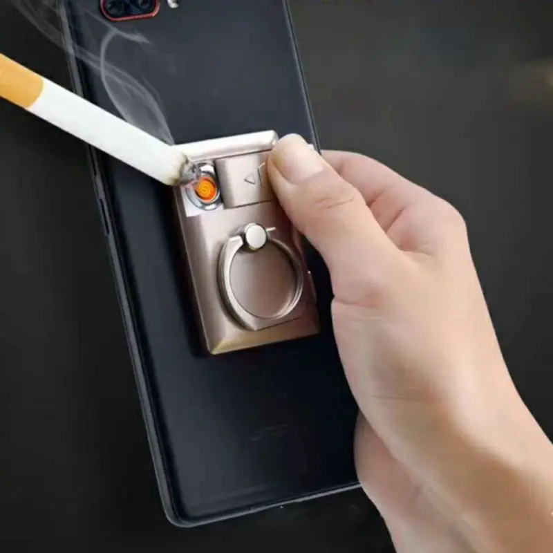 

2 In 1 Electric Cigarette Coil Lighter USB Rechargeable Flameless Metal Phone Ring Stand Holder Cellphone Finger Grip 360 Degree