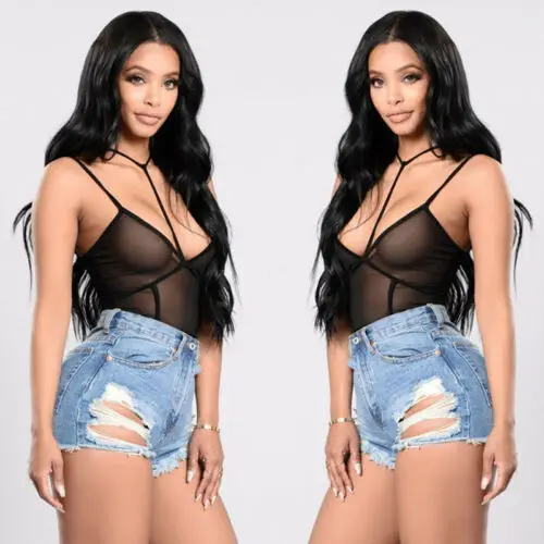 

New Ladies Women Backless Bodysuit Strappy Sexy Solid Color See-through Slim Sleeveless One Piece Jumpsuits