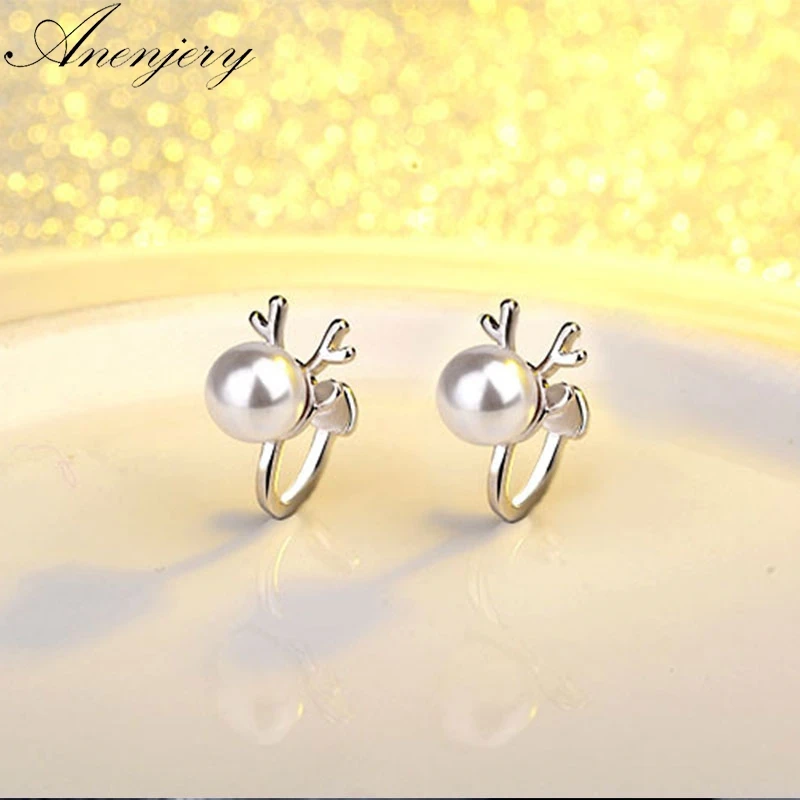 

Anenjery Simple Christmas Jewelry Elk Deer Simulated-pearl Clip Earrings For Women Girl Gift 925 Sterling Silver Earrings S-E629