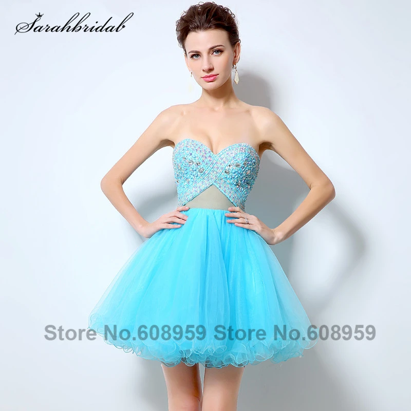 Sexy Sheer Corset Bodice Dresses Sweetheart Sky Blue Crystal