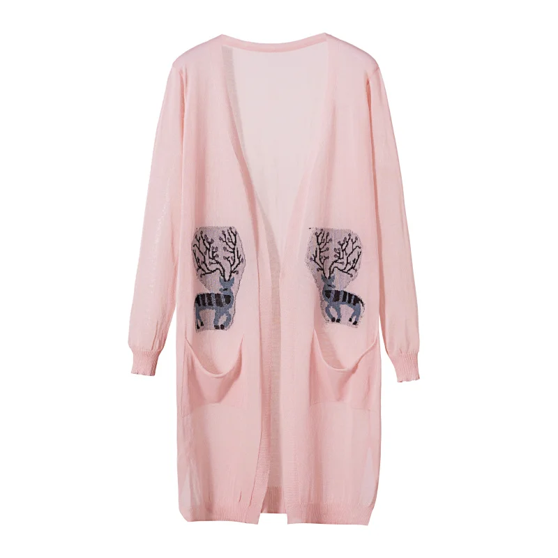 

2019 Spring summer Cardigan sun protection women Trench coat Long sweater thin section air conditioning Female Pink clothes