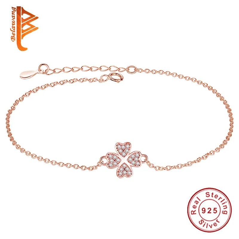 

Wholesale Rose Gold Color 925 Sterling Silver Bracelet for Woman Four-leaf clover Crystal Adjustable Bracelet Wedding Jewelry