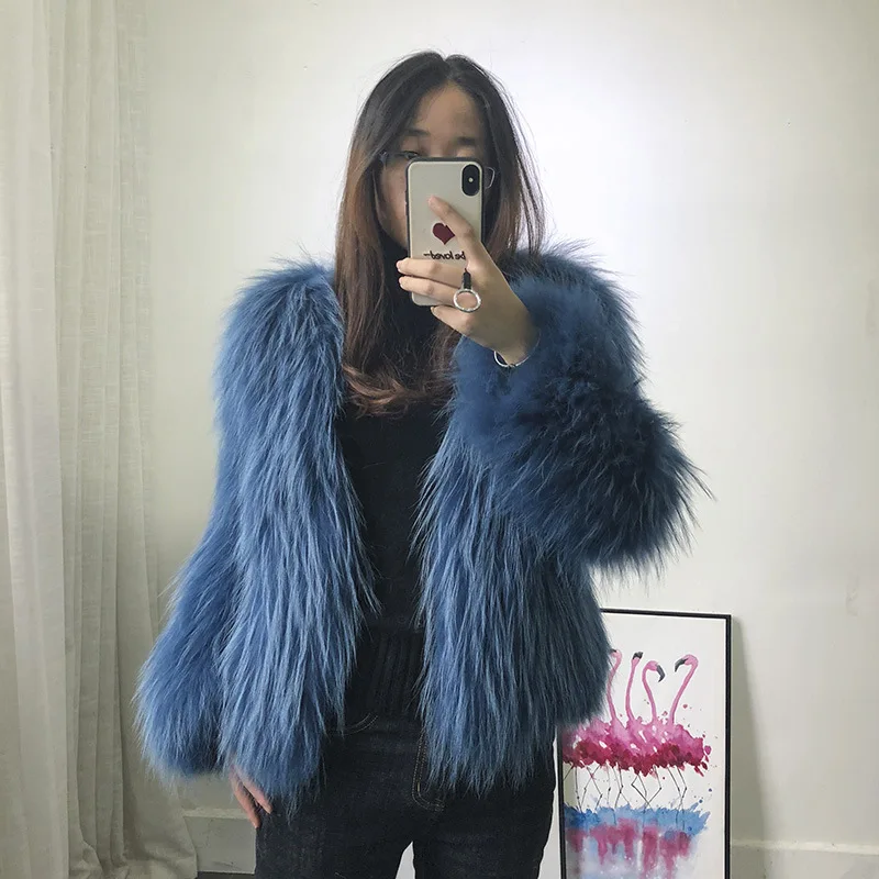 

JKP fashion raccoon fur winter Thicken warm coat long sleeve short paragraph solid color hand-woven knitted jacket 2018 HC-12