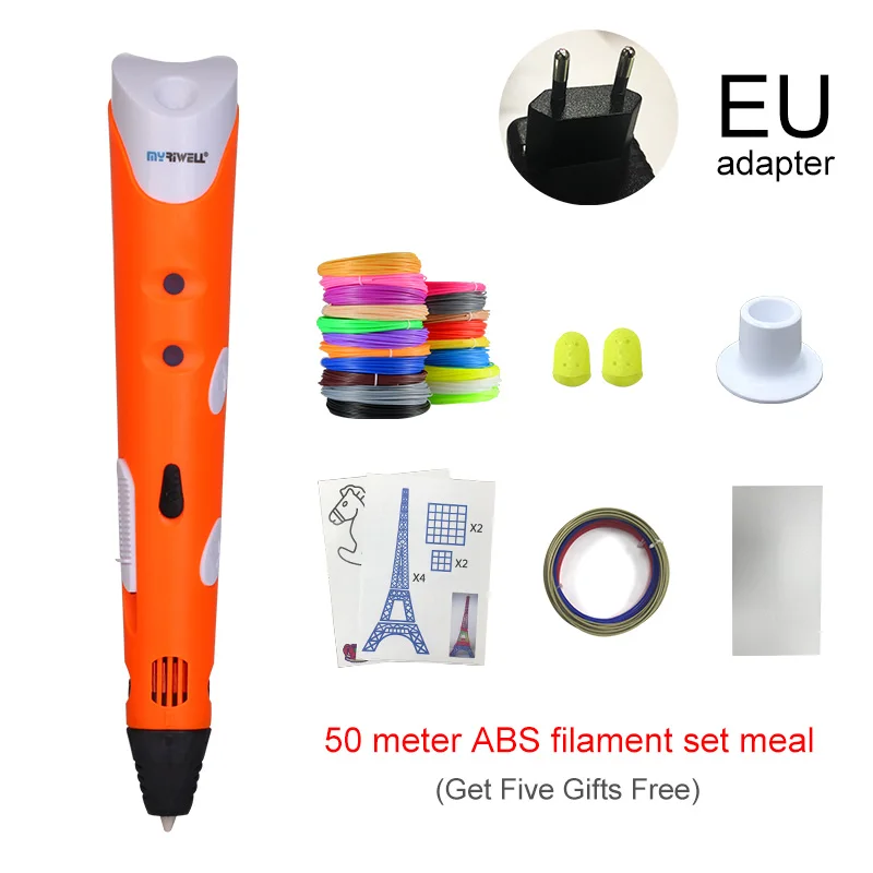 Myriwell 3D Ручка с 50 м 1,75 мм ABS нитью, умная 3D Ручка для печати, 3d ручки для детей, подарок на день рождения, Рождество, 3d Ручка для рисования - Цвет: Orange EU