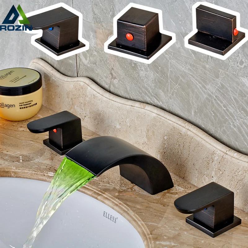 

LED 3 Light RGB Bathroom Waterfall Spout Basin Faucet Two Handles 3 Holes Widespread Bath Tub Sink Taps