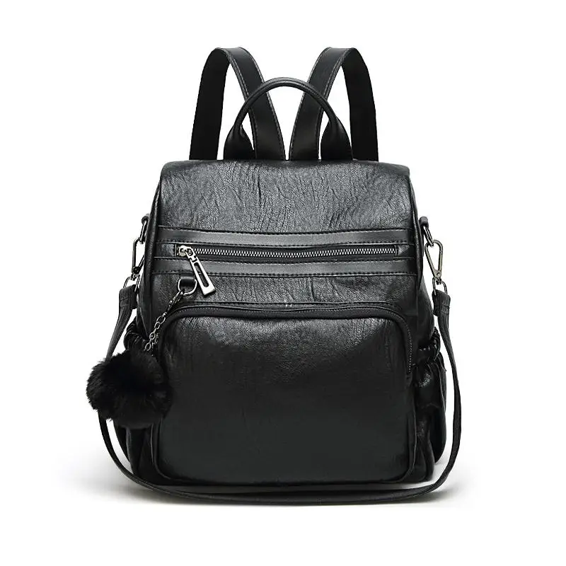 Многофункциональный женский рюкзак из мягкой кожи Женские повседневные дорожные рюкзаки с шариком для волос водонепроницаемые школьные сумки для студентов Mochila - Цвет: Черный